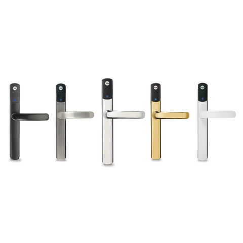 No Sweat Smart Keyless Front Door Handle With Polished Brass Finish And Smartphone App Control For Zero Stress Home Security including multiple color options.