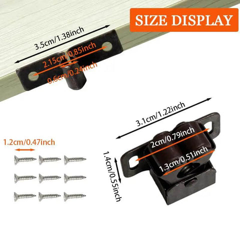 Heavy Duty Bronze Double Roller Catch Cabinet Latches Sturdy Alloy Smooth Operator Closet Door Hardware Kit With Screws For Kitchen And Bathroom Cupboard Doors size display with measurements and screws.