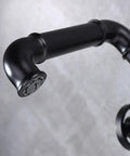 Close-up of Industrial Pipe Vessel Sink Faucet Matte Black 1-Hole 2-Handle Solid Brass Bathroom Faucet With Lead-Free Construction.