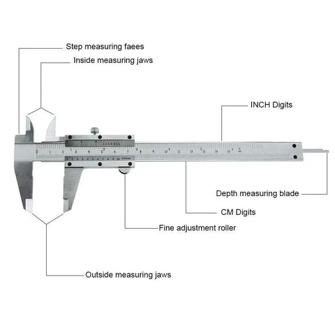 Diagram of Pro Grade Six Inch Stainless Steel Caliper for Inside Outside Depth and Step Measurements, Four Way Measuring Tool.