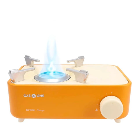 Orange Butane Camp Stove For Hiking And Camping From The Crate Series with spiral flame and easy ignition for outdoor cooking.