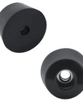 Twelve Piece Set Of Heavy Duty Round Rubber Feet Bumpers With Included Stainless Steel Screws One Inch Wide Top Half Inch Tall Anti Scratch Cabinet Table Leg Pads Rock Solid Non Slip Grip Kit, black rubber feet with screw holes.