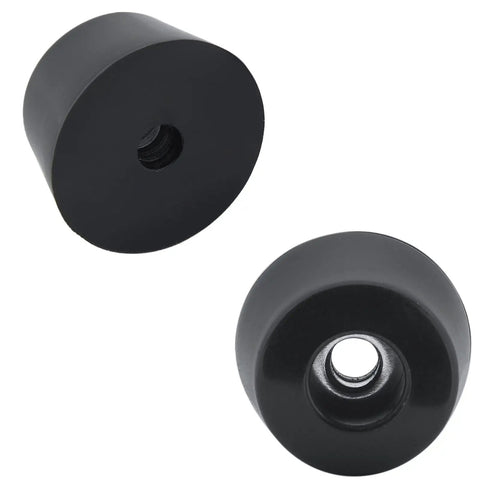 Twelve Piece Set Of Heavy Duty Round Rubber Feet Bumpers With Included Stainless Steel Screws One Inch Wide Top Half Inch Tall Anti Scratch Cabinet Table Leg Pads Rock Solid Non Slip Grip Kit, black rubber feet with screw holes.