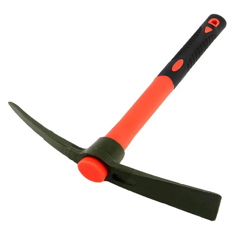 15 Inch Forged Steel Pick Mattock Hoe With Fiberglass Handle For Digging Gardening Camping Prospecting And Construction Work A Beast Weeding Tool Built For Tough Jobs shown in profile view.