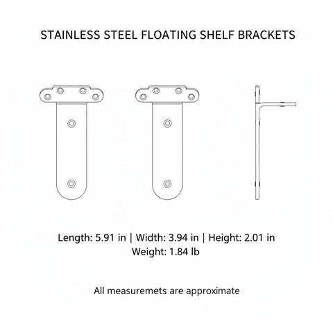 Solid Stainless Steel Floating Shelf Brackets With Hidden Wall Mount Hardware For Wood Shelves, Brushed Finish, 5.91 in