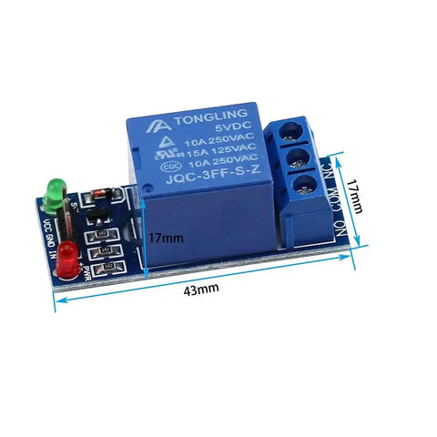 Front view of Three Pack 1 Channel 5V Relay Module Shield Extension Board Low Level Trigger for electronics projects, dimensions visible.