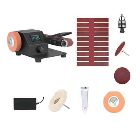 Electric Belt Sander And Polisher With Adjustable Grinding Platform For Woodworking And Knife Sharpening Heavy Duty components and attachments displayed.