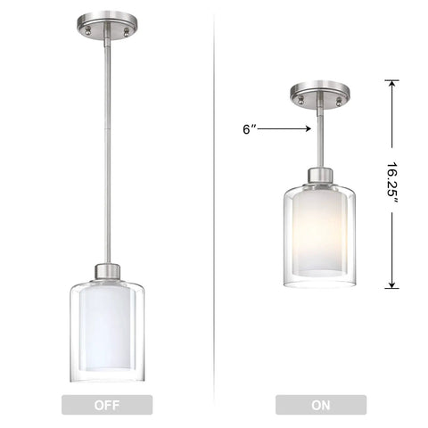 Three Pack 1-Light Industrial Farmhouse Pendant Lights For Kitchen Island With Frosted Glass And Brushed Nickel Finish shown in off and on settings.
