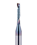 Close-up of SpeTool carbide O-flute spiral router bit, 1/8 in cutting diameter, 1/4 in shank, coated