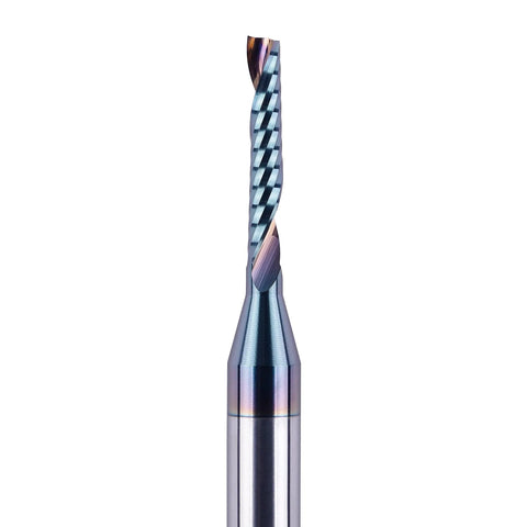 Close-up of SpeTool carbide O-flute spiral router bit, 1/8 in cutting diameter, 1/4 in shank, coated