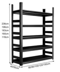 Hella Heavy Duty Metal Shelving Rack With Five Adjustable Tiers showing dimensions 236cm height and adjustable width for garage storage.