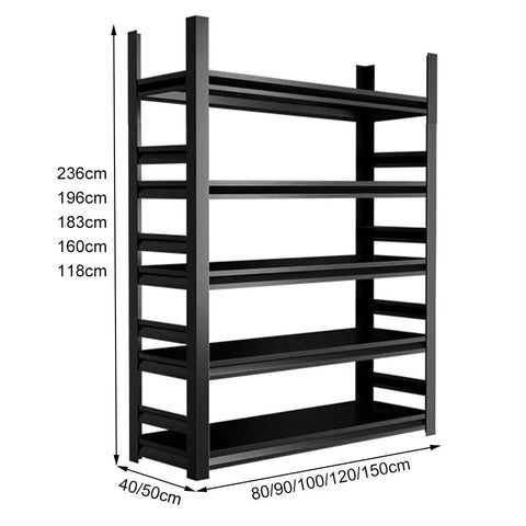 Built Tough Five Tier Industrial Metal Storage Shelves For Garage And Workshop With Heavy Duty Adjustable Design, 236cm tall, black metal.