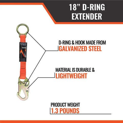 18 inch D-Ring extender made of galvanized steel, part of the Full Body Safety Harness 3 Piece Fall Protection Kit With Tongue Buckle Legs 18 Inch D Ring Extender Retractable Tool Lanyard OSHA ANSI Compliant Durable