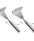 Two stainless steel lawn rakes with ergonomic long handles, showing measurements. Ideal for easy weeding and leaf clearing.