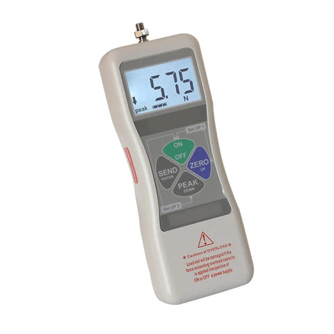 High Precision Digital Push And Pull Force Gauge With Peak Hold Function, 1000N Max, 0.001N Resolution, Compact Sensor Dynamometer For Material Testing And Quality Control, A Real Workhorse 20N To 1000N Range For Engineering Labs, handheld unit showing 5.75 N