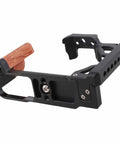 Wood Handle Metal Camera Cage for ZFC With Vertical Rig Design Cold Shoe Mount and multiple screw holes for accessories.