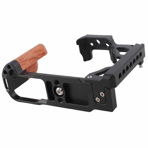 Wood Handle Metal Camera Cage for ZFC With Vertical Rig Design Cold Shoe Mount and multiple screw holes for accessories.