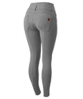 Back view of Tara High Waist Silicone Knee Patch Horse Riding Breeches For Women, Steel Grey, Size 26, with back pockets and belt loops.
