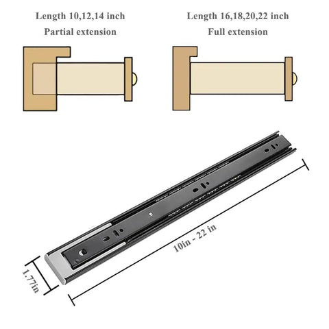 Diagram showing 2 Pairs Push To Open Drawer Slides 16 Inch Full Extension Heavy Duty Ball Bearing Metal Drawer Runners Rails Track