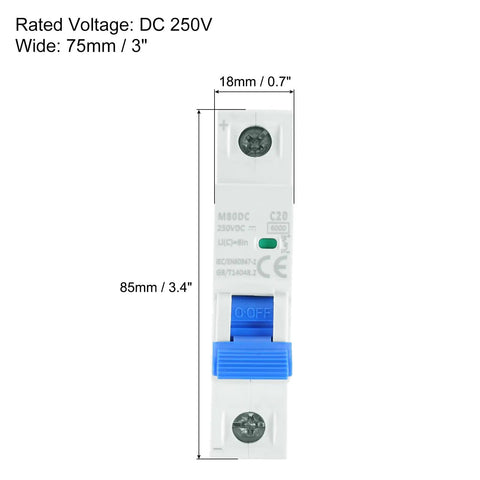Front view of 1 Pole Miniature Circuit Breaker 20A DC 250V DIN Rail Mount Disconnect Switch, blue handle, with dimensions.