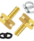 Two Pack Three Eighth Inch Barb To Three Quarter Inch GHT Female Garden Hose Adapters With Washers And Stainless Steel Clamps, brass fittings