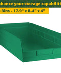 Badass Heavy Duty Metal Wire Utility Rack With 18X36X74 Dimensions And 20 Nifty Slanted Green Storage Bins, green storage bin, dimensions 17.9" x 8.4" x 4".