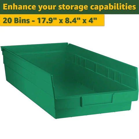 Badass Heavy Duty Metal Wire Utility Rack With 18X36X74 Dimensions And 20 Nifty Slanted Green Storage Bins, green storage bin, dimensions 17.9" x 8.4" x 4".