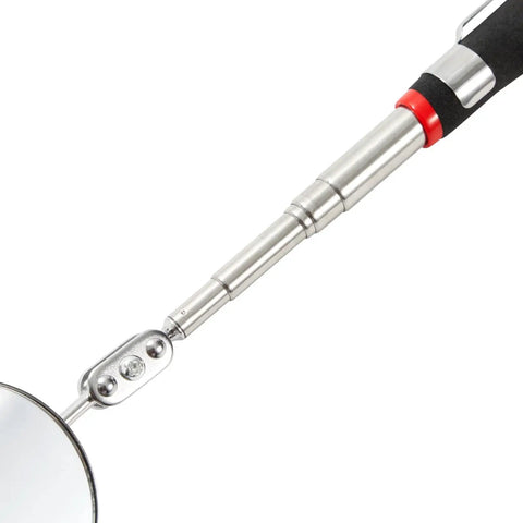 Close-up of a 2-Pack Inspection Mirror Tools with 2-inch round heads, 24.5-inch telescoping handle for auto, HVAC, weld inspections.