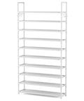 Heavy Duty Ten Tier Shoe Rack Wide Metal Organizer Tall Entryway Storage Shelf With Coat Hooks in white finish.