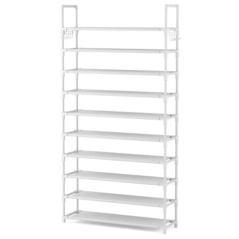 Heavy Duty Ten Tier Shoe Rack Wide Metal Organizer Tall Entryway Storage Shelf With Coat Hooks in white finish.
