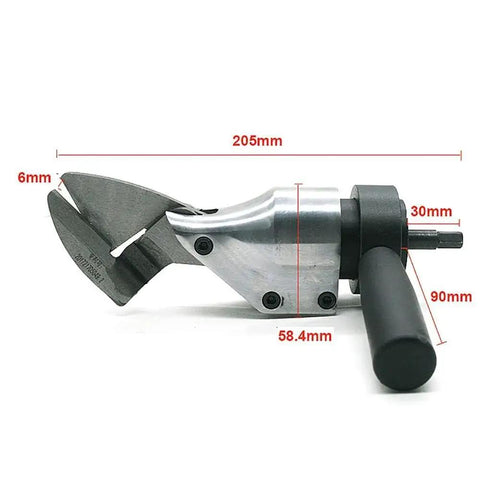 Straight Metal Sheet Scissors Head For Electric Drill, 8MM Chuck Iron Shears Cutting Tool For Wire Mesh Plastic Cloth And Wool side view with measurements.