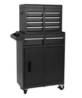 Rolling Tool Chest With Five Drawers Top Compartment And Two Section Base Cabinet Double Doors Heavy Duty Wheels Ultra Large Capacity Organizer For Garage Shop Workshop And Industrial Use, black steel