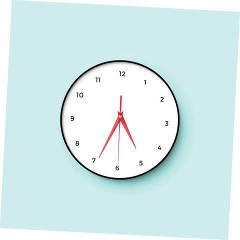 Red clock hands on a white frameless wall clock, part of 10 Sets Modern DIY Clock Hands Pointers Replacement Parts Aluminum Clock Hands Kit