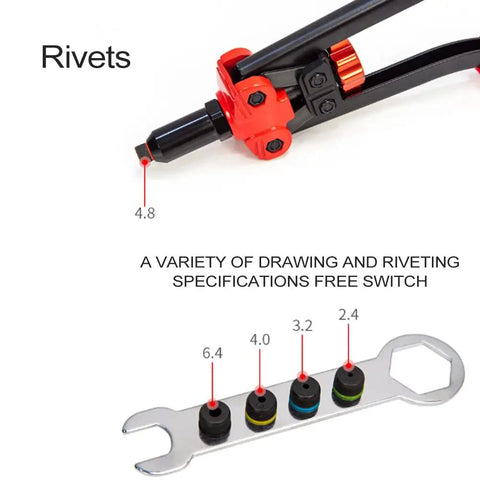 Heavy Duty Rivet Nut Tool Kit With Ergonomic Handle For Sheet Metal And Auto Jobs. No Tool Change Needed. Tough Steel Build Includes 10 Rivets And Nuts Plus Sturdy Case.. rivet tool with 4.8mm head and 2.4-6.4mm mandrel sizes