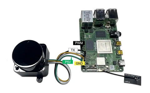 Next Gen Lidar Sensor Kit for Robots and Drones, 25 Meter Range and 360 Degree Scanning connected to a development board.