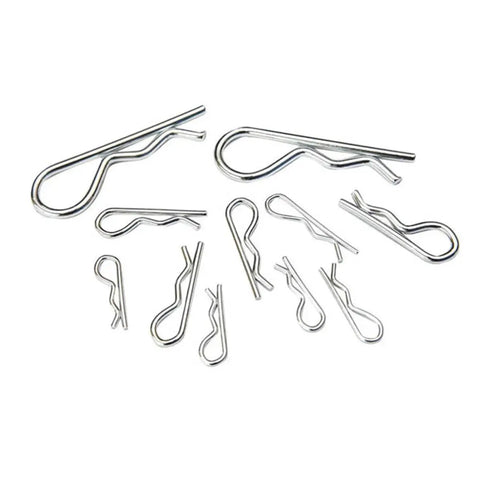 Top Tier R Shaped Cotter Pins 150 Pack Carbon Steel Spring Fasteners in various sizes for heavy duty jobs.