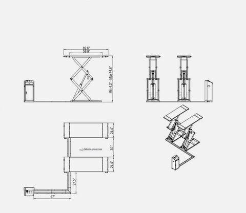 Technical drawing of Top Tier Heavy Duty Scissor Auto Lift featuring dimensions 82.6x58.9 inches and 8000 lb capacity.