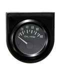 Front view oil pressure gauge, 2-inch (52mm), black housing with silver bezel and white dial