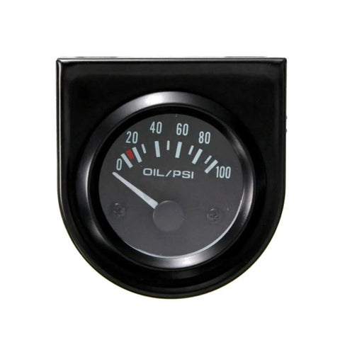 Front view oil pressure gauge, 2-inch (52mm), black housing with silver bezel and white dial