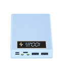 Top Shelf Digital Display 18650 Battery Holder Box With Fast Charge Circuitry in light blue with LCD panel and charging ports.