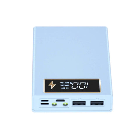 Top Shelf Digital Display 18650 Battery Holder Box With Fast Charge Circuitry in light blue with LCD panel and charging ports.