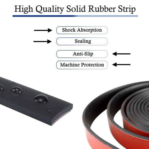 Adhesive Backed Neoprene Rubber Strips For DIY Gaskets And Seals, sheet showing uses like shock absorption and sealing