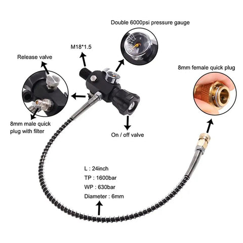 M18x1.5 DIN Valve Scuba Adapter with Gauge and 22 Inch Hose for Air Tank Setups PCP Rifles Paintball and HPA Tanks High Pressure