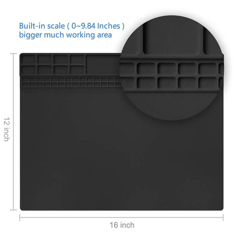 Heat Resistant Soldering Mat Silicone Repair Workbench Pad 932 F For Electronics Repair, 16 by 12 Inch, black mat with slots