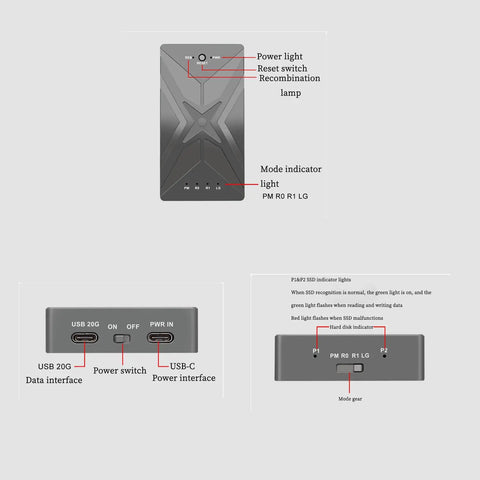 Dual M.2 NVMe SSD Enclosure With Hella Fast 20 Gbps USB 3.2 interface showing power lights, connection ports, and reset switches.