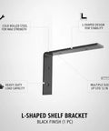 L-Shaped Cold Rolled Steel Wall Mount Bracket for Floating Desks and Shelves, Heavy Duty Closet Organizer, Black Finish, Easy Install