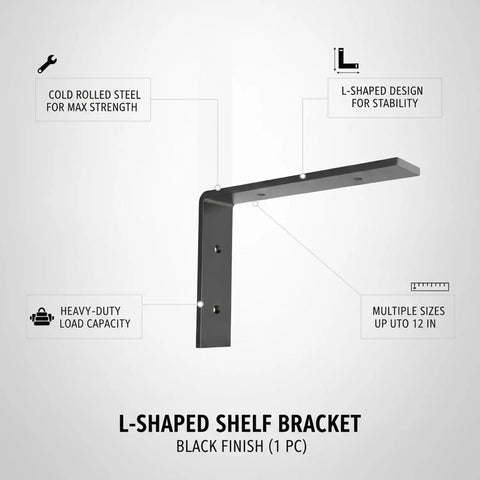 L-Shaped Cold Rolled Steel Wall Mount Bracket for Floating Desks and Shelves, Heavy Duty Closet Organizer, Black Finish, Easy Install