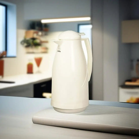 Euro Carafe 1 Liter White Plastic With Vacuum Glass Liner For Hot Beverages Keeps Heat For Hours in a kitchen setting