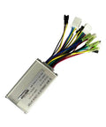 Check Out This Sine Wave E Bike Controller For 36V Or 48V Systems That Boasts 250W Power And Handles 17 Amps Like A Boss While Keeping Your Brushless Motor Silky Smooth With Less Vibration And Major Durability. Silver aluminum e-bike controller with multicolor wiring connectors