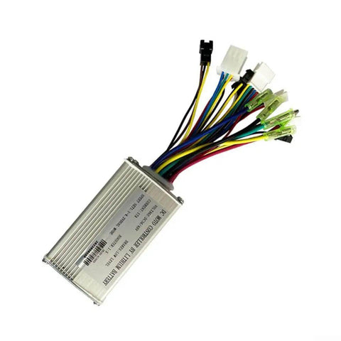 Check Out This Sine Wave E Bike Controller For 36V Or 48V Systems That Boasts 250W Power And Handles 17 Amps Like A Boss While Keeping Your Brushless Motor Silky Smooth With Less Vibration And Major Durability. Silver aluminum e-bike controller with multicolor wiring connectors